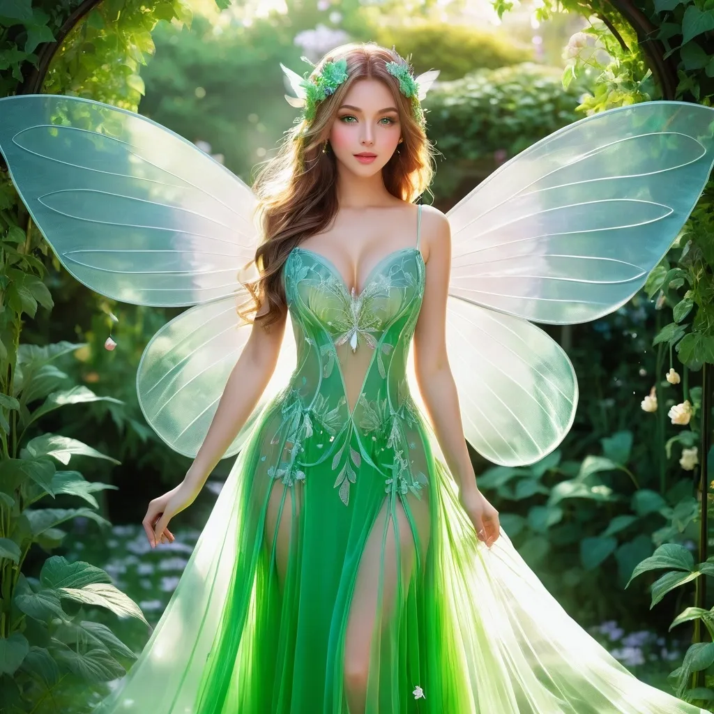 Prompt: Adult anime faerie, gossamer wings, bright green eyes, in a sheer gown, in a magical garden