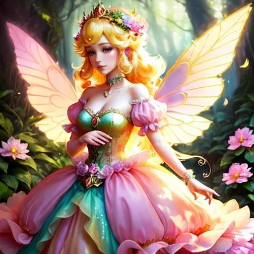 Prompt: Princess Peach (enchanting character), surrounded by vibrant pixies and ethereal faeries, magical forest, filled with glowing flora, whimsical atmosphere, pastel colors, warm golden sunlight filtering through leaves, enchanting aura, intricate wings, delicate flowers scattered around, serene expressions, HD quality, fantasy art style, playful energy, captivating storytelling.