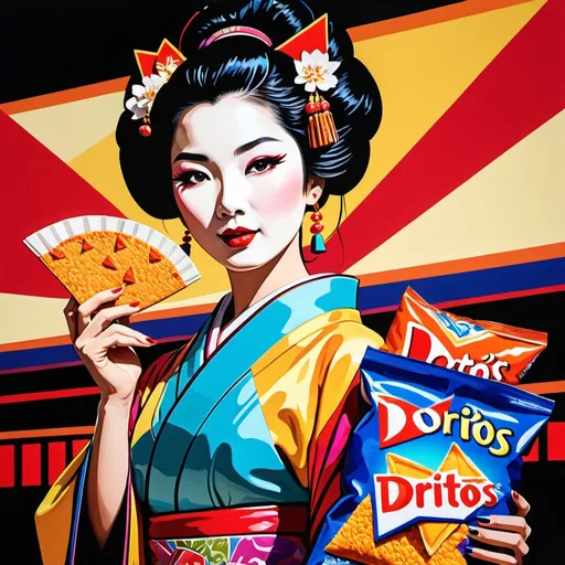 Prompt: Pop art painting of a geisha (bold and vibrant), indulging in a bag of Doritos, set at a nostalgic drive-in movie theater (retro vibes), colorful giant screens showing iconic films, exuberant colors bursting, intense lighting contrast, dynamic composition, engaging expressions, rich in patterns and texture, high-quality and ultra-detailed, capturing the playful essence of pop culture.