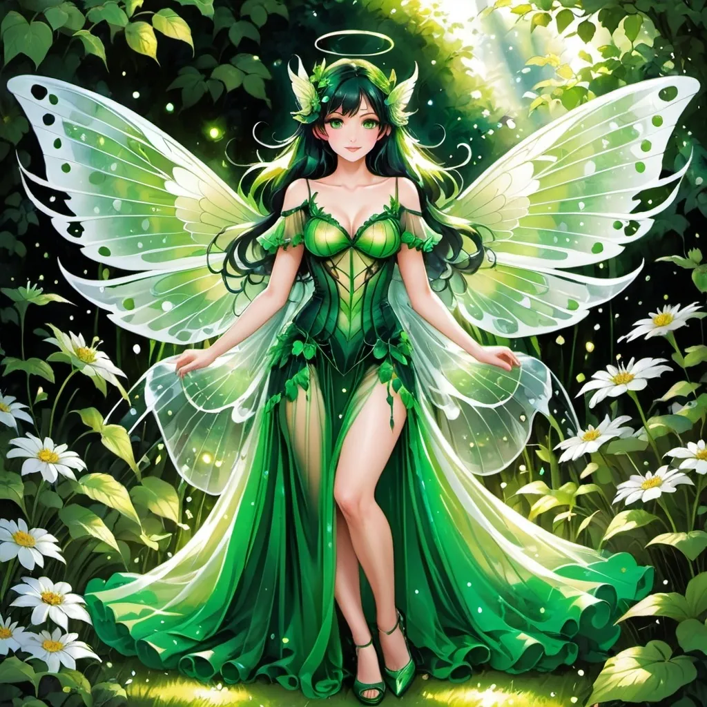 Prompt: Adult anime faerie, gossamer wings, bright green eyes, in a sheer gown, in a magical garden