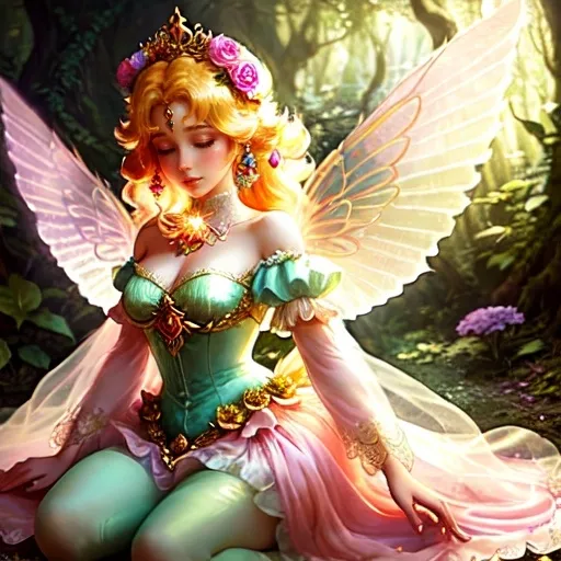 Prompt: Princess Peach (enchanting character), surrounded by vibrant pixies and ethereal faeries, magical forest, filled with glowing flora, whimsical atmosphere, pastel colors, warm golden sunlight filtering through leaves, enchanting aura, intricate wings, delicate flowers scattered around, serene expressions, HD quality, fantasy art style, playful energy, captivating storytelling.