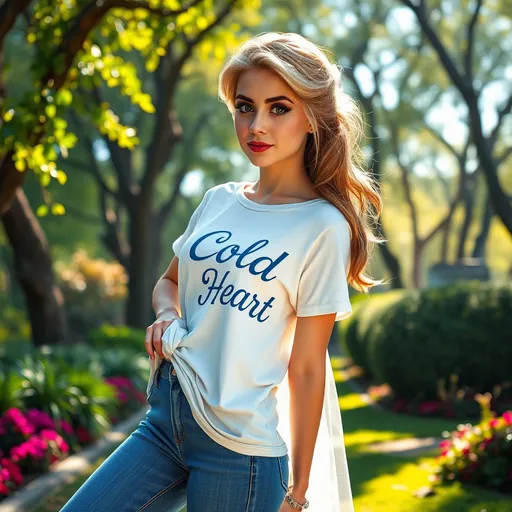 Prompt: (blue jeans) (Baroque style), (cool color scheme), Elsa in a casual half t-shirt with the text "Cold Heart", vibrant park setting, lush greenery and intricate details, serene atmosphere, warm sunlight filtering through trees, elegant yet relaxed demeanor, playful pose, high-quality, ultra-detailed image, inviting ambiance.