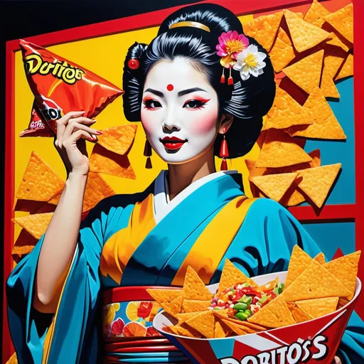 Prompt: Pop art painting of a geisha (bold and vibrant), indulging in a bag of Doritos, set at a nostalgic drive-in movie theater (retro vibes), colorful giant screens showing iconic films, exuberant colors bursting, intense lighting contrast, dynamic composition, engaging expressions, rich in patterns and texture, high-quality and ultra-detailed, capturing the playful essence of pop culture.