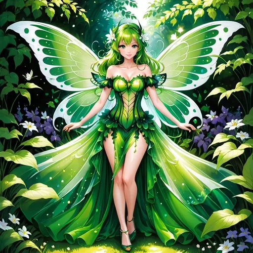 Prompt: Adult anime faerie, gossamer wings, bright green eyes, in a sheer gown, in a magical garden