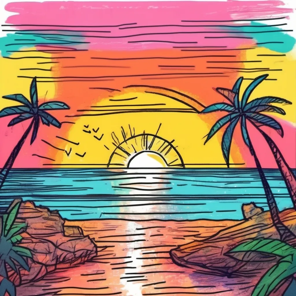 Prompt: Ugly colorful childish Crayon flat drawing of a bright sunset on a tropical beach