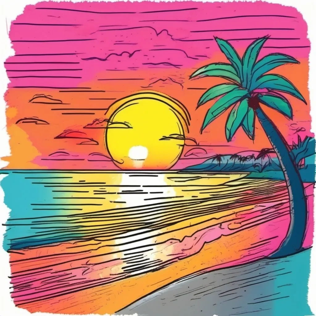 Prompt: Ugly colorful childish Crayon flat drawing of a bright sunset on a tropical beach