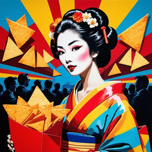 Prompt: Pop art painting of a geisha (bold and vibrant), indulging in a bag of Doritos, set at a nostalgic drive-in movie theater (retro vibes), colorful giant screens showing iconic films, exuberant colors bursting, intense lighting contrast, dynamic composition, engaging expressions, rich in patterns and texture, high-quality and ultra-detailed, capturing the playful essence of pop culture.