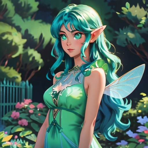 Prompt: Adult anime faerie, gossamer wings, bright green eyes, in a sheer gown, in a magical garden