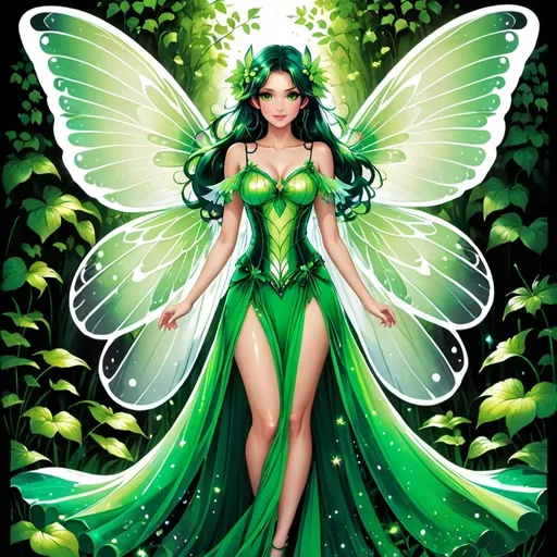 Prompt: Adult anime faerie, gossamer wings, bright green eyes, in a sheer gown, in a magical garden