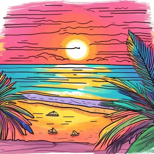 Prompt: Ugly colorful childish Crayon flat drawing of a bright sunset on a tropical beach