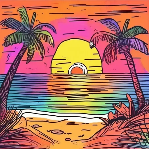 Prompt: Ugly colorful childish Crayon flat drawing of a bright sunset on a tropical beach