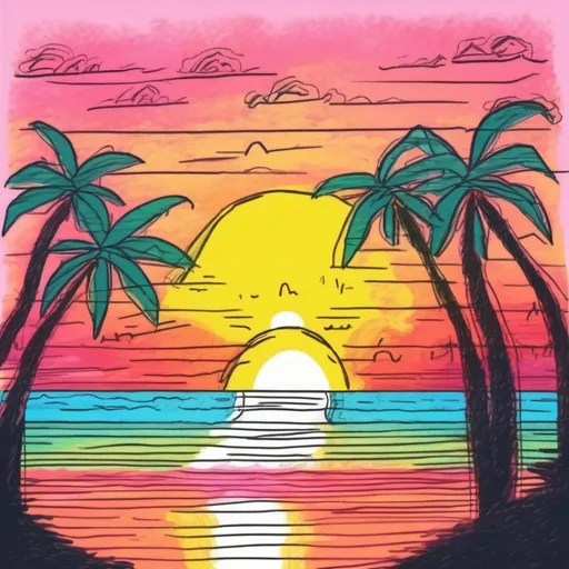 Prompt: Ugly colorful childish Crayon flat drawing of a bright sunset on a tropical beach