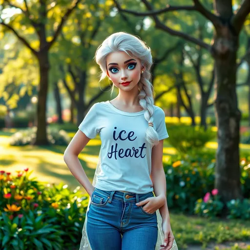 Prompt: (blue jeans) (Baroque style), (cool color scheme), Elsa in a casual half t-shirt with the text "Icy Heart", vibrant park setting, lush greenery and intricate details, serene atmosphere, warm sunlight filtering through trees, elegant yet relaxed demeanor, playful pose, high-quality, ultra-detailed image, inviting ambiance.