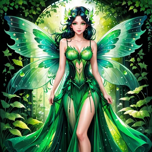 Prompt: Adult anime faerie, gossamer wings, bright green eyes, in a sheer gown, in a magical garden