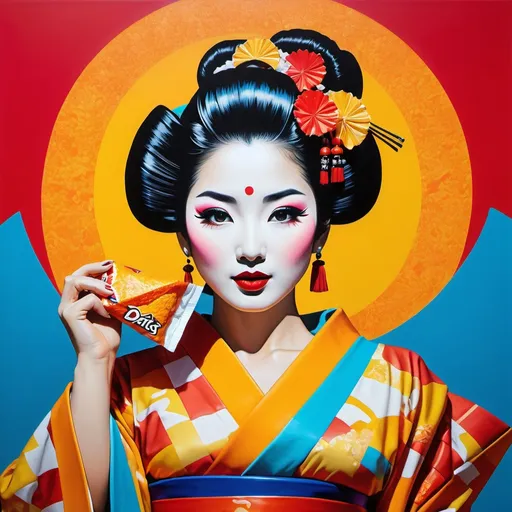 Prompt: Pop art painting of a geisha (bold and vibrant), indulging in a bag of Doritos, set at a nostalgic drive-in movie theater (retro vibes), colorful giant screens showing iconic films, exuberant colors bursting, intense lighting contrast, dynamic composition, engaging expressions, rich in patterns and texture, high-quality and ultra-detailed, capturing the playful essence of pop culture.