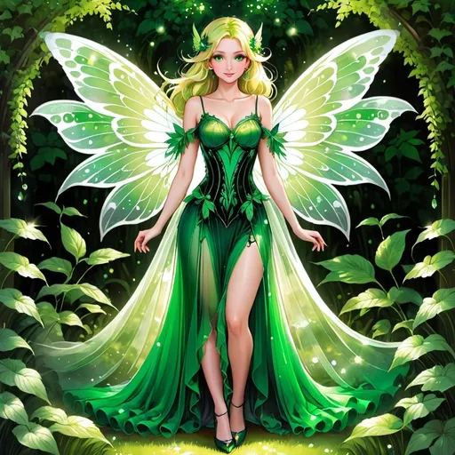 Prompt: Adult anime faerie, gossamer wings, bright green eyes, in a sheer gown, in a magical garden