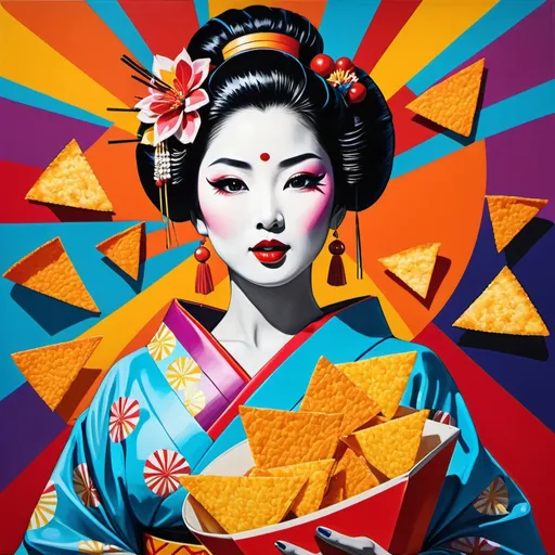 Prompt: Pop art painting of a geisha (bold and vibrant), indulging in a bag of Doritos, set at a nostalgic drive-in movie theater (retro vibes), colorful giant screens showing iconic films, exuberant colors bursting, intense lighting contrast, dynamic composition, engaging expressions, rich in patterns and texture, high-quality and ultra-detailed, capturing the playful essence of pop culture.