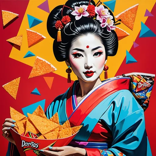 Prompt: Pop art painting of a geisha (bold and vibrant), indulging in a bag of Doritos, set at a nostalgic drive-in movie theater (retro vibes), colorful giant screens showing iconic films, exuberant colors bursting, intense lighting contrast, dynamic composition, engaging expressions, rich in patterns and texture, high-quality and ultra-detailed, capturing the playful essence of pop culture.