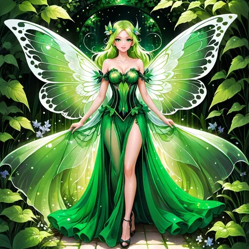 Prompt: Adult anime faerie, gossamer wings, bright green eyes, in a sheer gown, in a magical garden