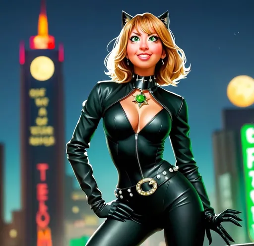 Prompt: side profile A stylish woman,  in the right han big diamond, left hand on hip. She is wearing latex Catwoman suit wth a leather black jacket with spikes on top, black long gloves, black choker with a cat medal. has a pearl necklace on her neck, gold cat belt, short wavy hair, green eyes. Night, skyline, neon signs, full moon.