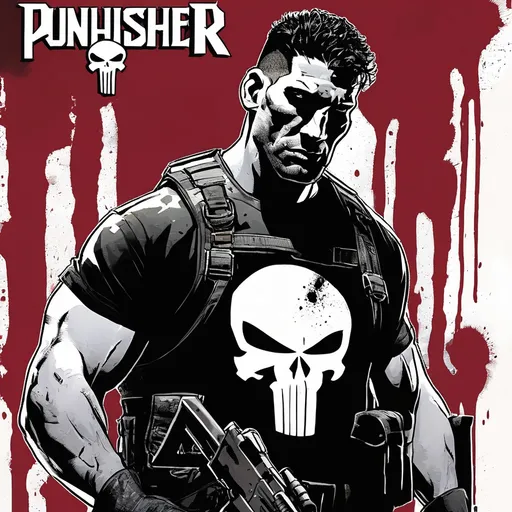 Prompt: he is the punisher from the marvel comics, looks like Jon Bernthal, has a black bulletproof vest on with the signature punisher skull on it painted, there is some blood