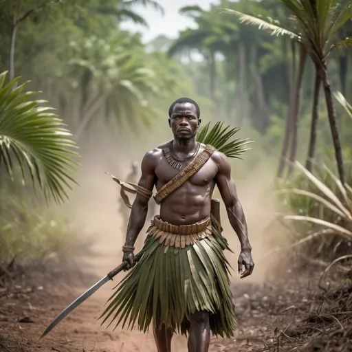 Prompt: African warrior walking through battlefield forest with a machete in his left and right hands dressed in palm frond skirt
