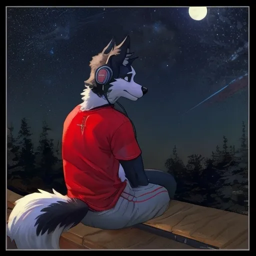 Prompt: Anthropomorphic (Border collie), buff, looking into the night sky, with headphones on, wearing a t-shirt and sweatpants