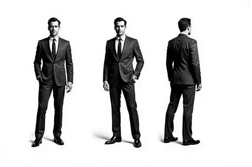 Prompt: A full-body character sheet of black and white illustration well-dressed male 35cff1d1 with short dark hair, clean-shaven, dark suit, white shirt, dark tie, dress shoes displayed in three clear views on a clean white background, arranged in a three-column grid pattern with equal spacing and importance. Left panel: front view showing complete anatomical details and outfit. Center panel: perfect 90-degree side view (profile) clearly showing the character's side silhouette, facial profile, and outfit from a direct lateral perspective. Right panel: back view revealing posterior details Each view maintains consistent scale, lighting, and full-body presentation from head to toe. All three perspectives must be equally detailed and given equal prominence in the composition.