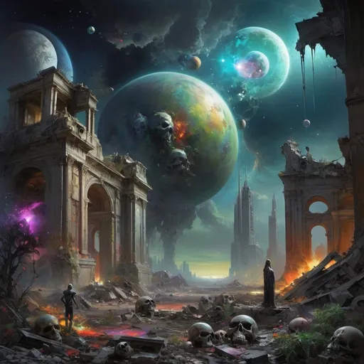 Prompt: Stunning visual, Dark surreal apocalypic, dystopian image , destruction by asteroid in cosmos with ruins ,abandoned city, planets, stars, galaxy, art by pino daeni, masterpiece, vibrant colors galaxy, planets, stars, vegetation, skulls