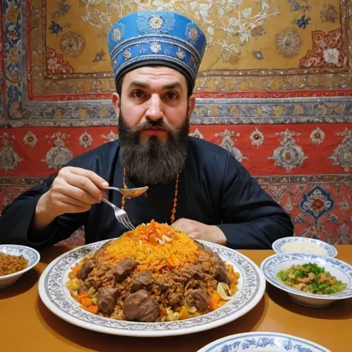 Prompt: Tamerlane eating uzbek plov