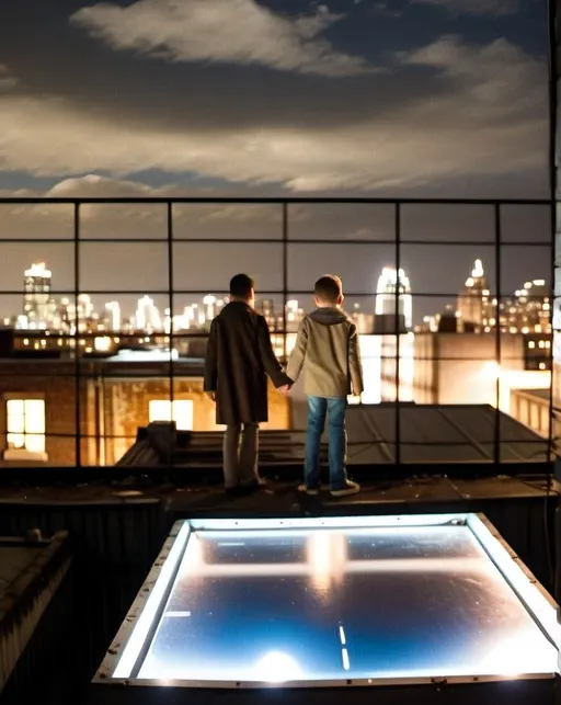 Prompt: Photorealistic movie poster of a 40-year-old man and a small 6-year-old boy on rooftop at night, holding hands, looking at energy  inter-dimensional portal in blue colors, high detail, realistic, cinematic, night scene, urban setting, emotional lighting, film quality, rooftop, intense atmosphere, interconnected, dimensional portal, dynamic composition, professional rendering, emotional connection, introspective mood, city lights casting a dramatic noir glow