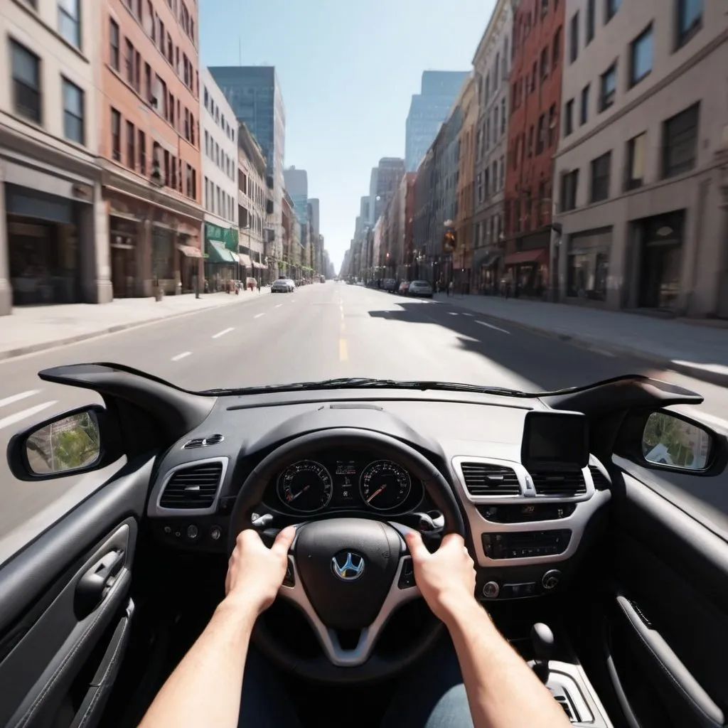 Prompt: first person view of driving a car in a city