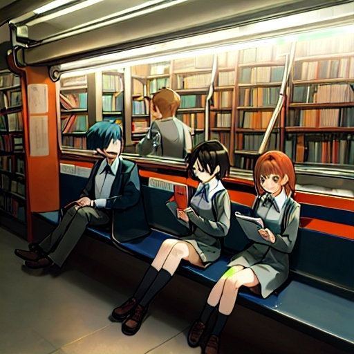 Prompt: Two boys and two girls bookstore clerks wearing bookstore uniforms were sitting along the subway