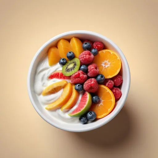 Prompt: Realistic yogurt bowl with delicious fruit, HD, realistic, detailed textures, vibrant colors, high-quality lighting, mouth-watering, appetizing, food art, creamy texture, fresh fruits, highres, detailed, photorealistic, realistic lighting, colorful, fruit toppings, tasty