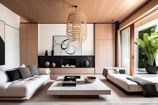 Prompt: beautiful harmonious interior design of a house inspired by feng shui and abstract art