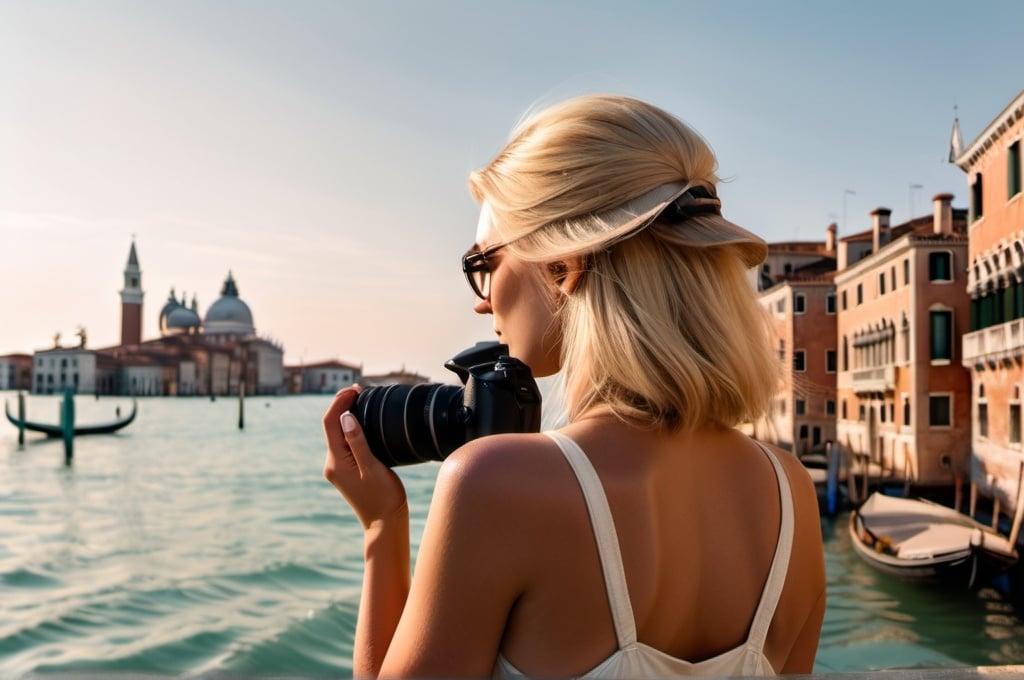 Prompt: a hyper realistic blond female photographer taking photography during summer on vacation in venice, golden hour, in a beautiful place with a fujifilm x100, we see her from the back / profile, as if the scene was seen with a 18 mm focale perspective
