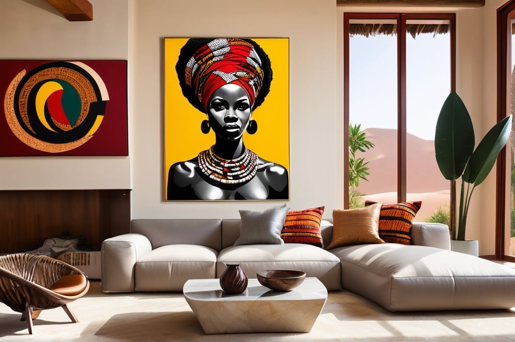 Prompt: interior of a house with africain american abstract art