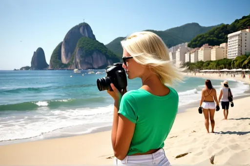 Prompt: a hyper realistic blond female photographer with green trousers and white tshort taking photography during summer on vacation on copacabana beach with a light camera gear. We see her from the back a little from profile. Lot's of people enjoying the beach far away