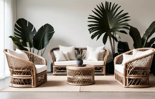 Prompt: minimalist and tropical interior design with rattan furniture and tropical plants