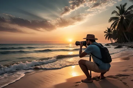 Prompt: a hyper realistic photographer taking photography during summer on vacation near the beach with a sunset in a beautiful place with a nikon d800