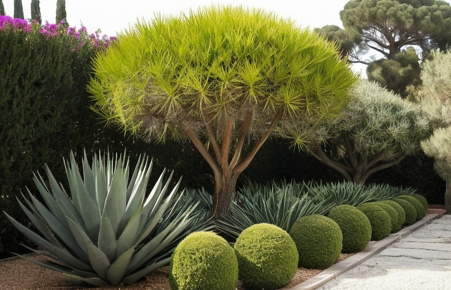 Prompt: a gadren with Cypress (Cupressus sempervirens),  Fig tree (Ficus carica), Agave (Agave americana), Oleander (Neriu﻿m oleander), Santolina (Santolina chamaecyparissus)