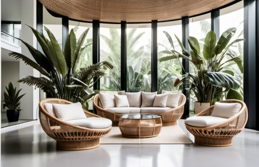 Prompt: ultra modern minimalist and tropical interior design with rattan furniture and tropical plants, modern architecture