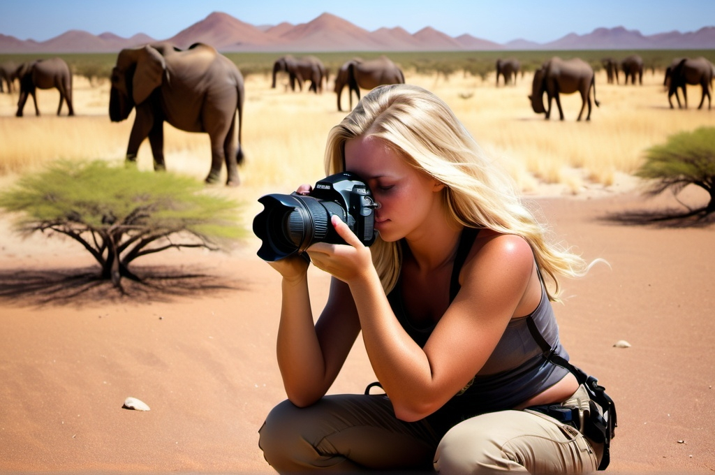 Prompt: a hyper realistic blond female photographer taking photography during summer on vacation in namibia in a beautiful place with a nikon d800
