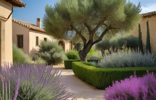 Prompt: a very harmonius but no too much architectured mediterranean garden with olive trees, lavender, Rosemary (Rosmarinus officinalis), Cypress (Cupressus sempervirens),  Fig tree (Ficus carica), Agave (Agave americana), Oleander (Neriu﻿m oleander), Santolina (Santolina chamaecyparissus), jasmine, bougainvillea in a sicilian landscape