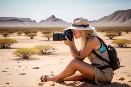 Prompt: a hyper realistic blond female photographer taking photography during summer on vacation in namibia in a beautiful place with a nikon d800, the animals are far far away
