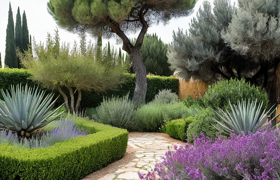 Prompt: a very harmonius mediterranean garden with olive trees, lavender, Rosemary (Rosmarinus officinalis), Cypress (Cupressus sempervirens),  Fig tree (Ficus carica), Agave (Agave americana), Oleander (Neriu﻿m oleander), Santolina (Santolina chamaecyparissus), jasmine, bougainvillea