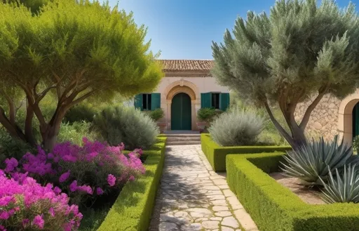 Prompt: a very harmonius but no too much architectured mediterranean garden with olive trees, lavender, Rosemary (Rosmarinus officinalis), Cypress (Cupressus sempervirens),  Fig tree (Ficus carica), Agave (Agave americana), Oleander (Neriu﻿m oleander), Santolina (Santolina chamaecyparissus), jasmine, bougainvillea in a sicilian landscape with no house and a view to the sea and no boxwood and untrimmed vegetation and no straight lines
