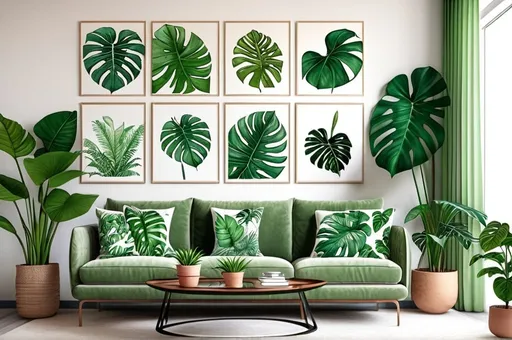 Prompt: The Power of Plants in Tropical Interior Design, including Monstera Deliciosa, Ficus Lyrata, Palmier d'Areca, Alocasia, Philodendron. with little watercolor drawings of tropical plants on a wall and cushions on the coach