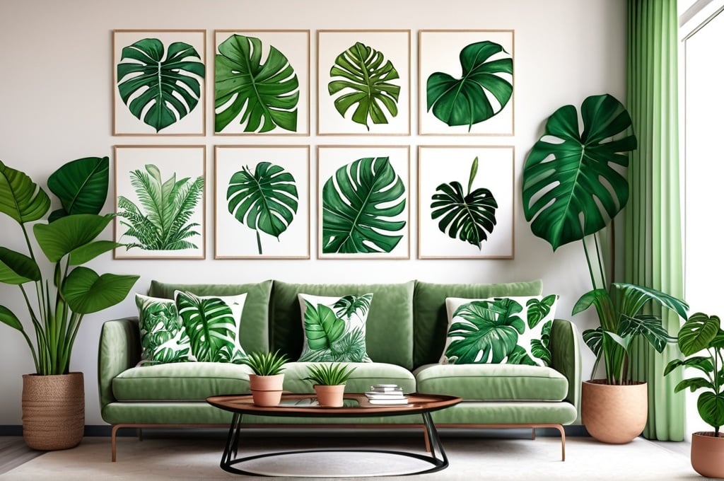 Prompt: The Power of Plants in Tropical Interior Design, including Monstera Deliciosa, Ficus Lyrata, Palmier d'Areca, Alocasia, Philodendron. with little watercolor drawings of tropical plants on a wall and cushions on the coach