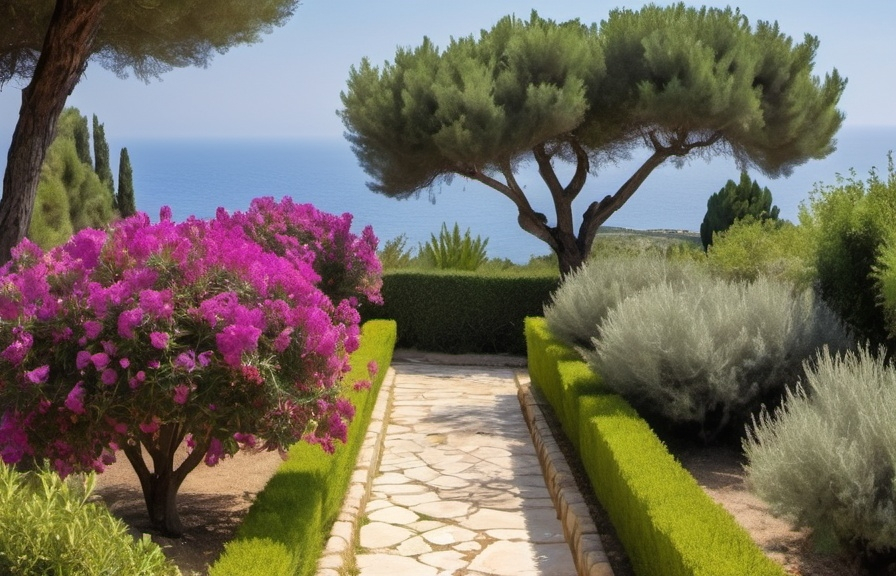 Prompt: a very harmonius but no too much architectured mediterranean garden with olive trees, lavender, Rosemary (Rosmarinus officinalis), Cypress (Cupressus sempervirens),  Fig tree (Ficus carica), Agave (Agave americana), Oleander (Neriu﻿m oleander), Santolina (Santolina chamaecyparissus), jasmine, bougainvillea in a sicilian landscape with no house and a view to the sea and no boxwood
